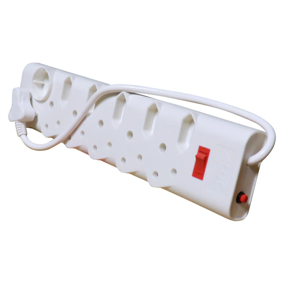 Multi Plug, 6 x 16A SA, 5 X Euro, 1 X Schucko Extender, Product Image Showing a White Multi-Outlet Power Strip with Multiple Sockets and an on/Off Switch.
