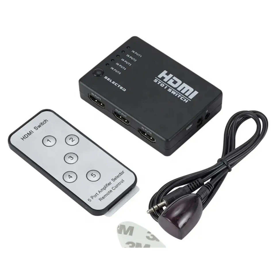 5-Port HDMI Switch AD2006, Image Showing a Black HDMI Switch Box with Input and Output Ports, a Remote Control with Numbered Buttons, and an Attached Power Cable for Connecting Multiple HDMI Devices.
