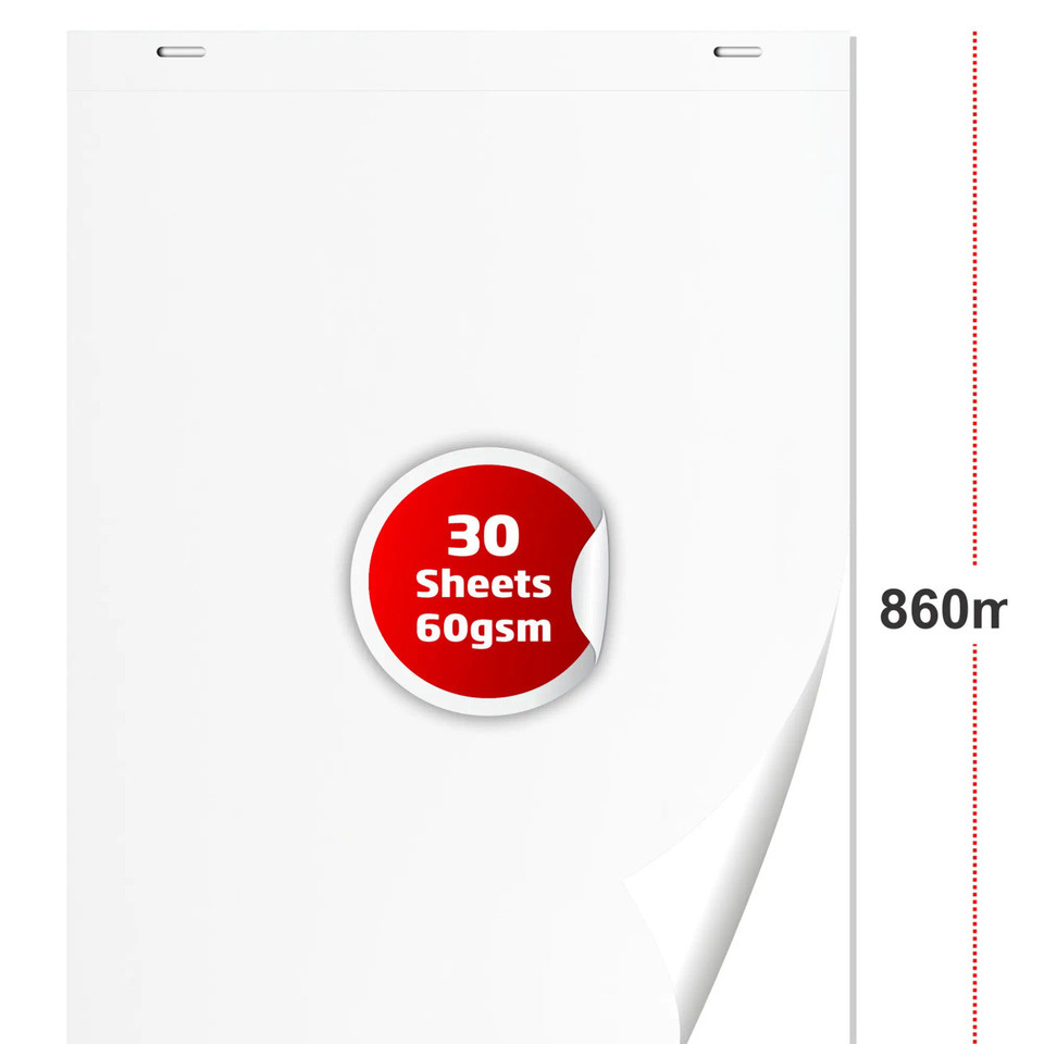 Flipchart Paper Bond 30 Sheets 860 x 610 mm, White Flipchart Paper for Presentations and Meetings with 30 Sheets of 60gsm Paper.