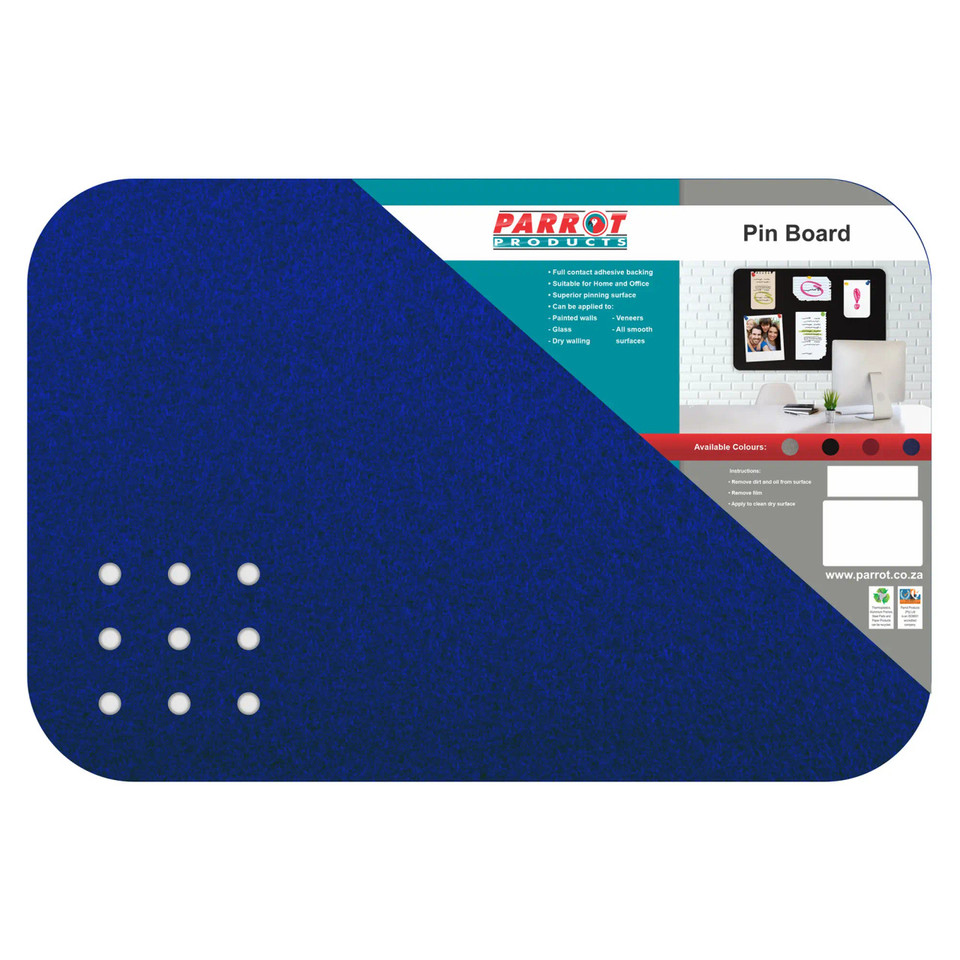 Adhesive Pin Board, No Frame - 600 x 450 mm - Blue, with Seven White Pins and Displayed on a Product Label
