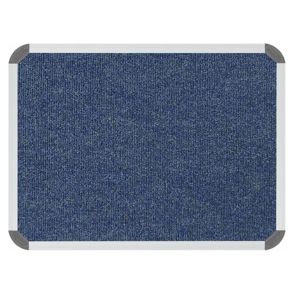 Bulletin Board Ribbed Aluminium Frame, 600 x 450 mm - Denim with Navy Blue Textured Fabric Surface and Silver Aluminium Edges.