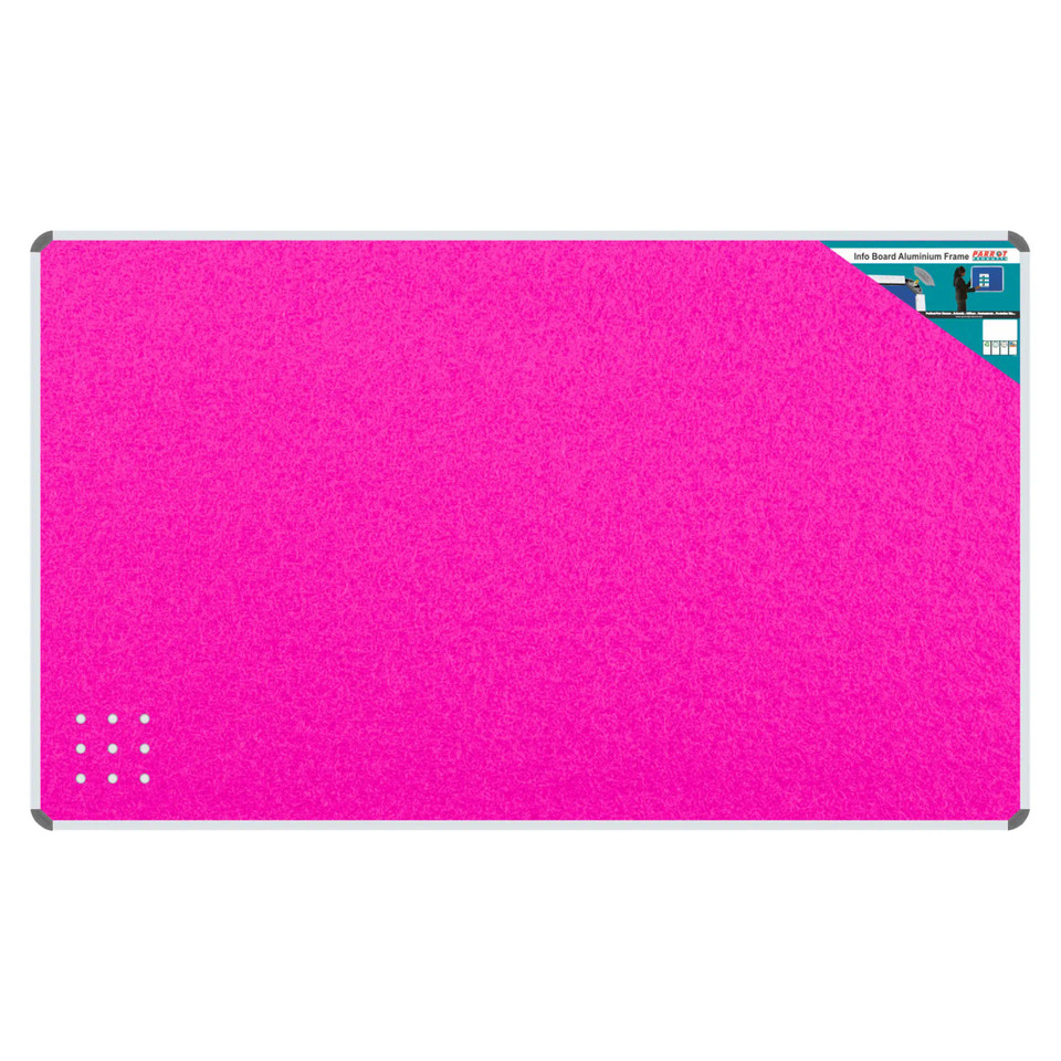 Product Info Board, Aluminium Frame - 1500 x 1200 mm - Pink, with a Vibrant Pink Notice Board Featuring Aluminium Framing and a Small Label in the Top Right Corner.