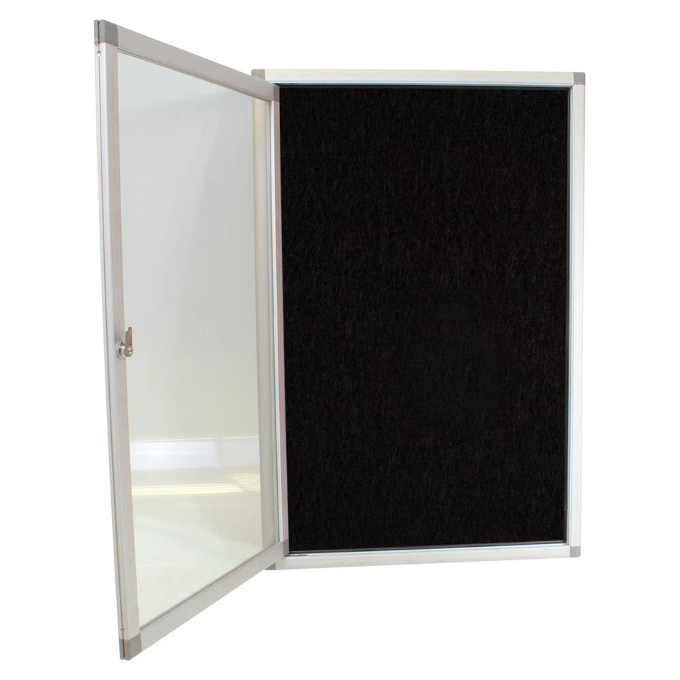 Hinged Pinning Display Case, 900 x 600 mm - Black, with Clear Glass Door and Black Pinning Board for Showcasing or Organising Items.