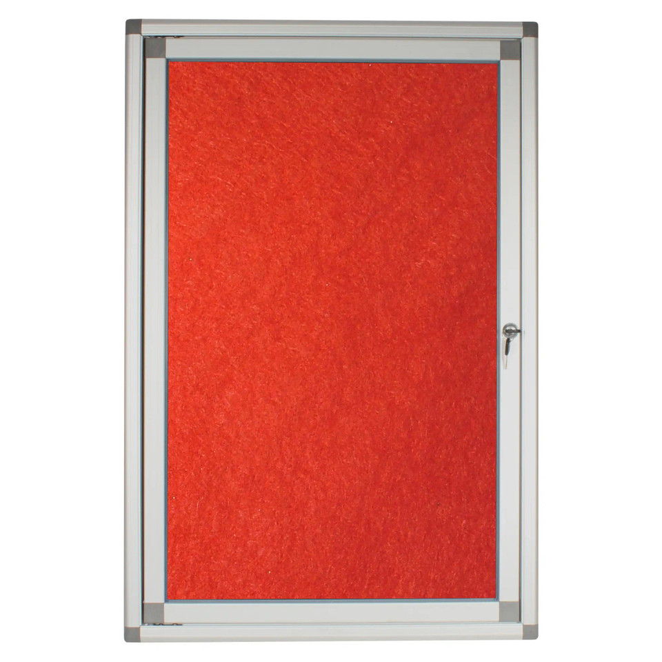 Hinged Pinning Display Case, 900 x 600 mm - Red, with a Sturdy Metal Frame and a Red Pinboard Back for Displaying Notices and Posters.