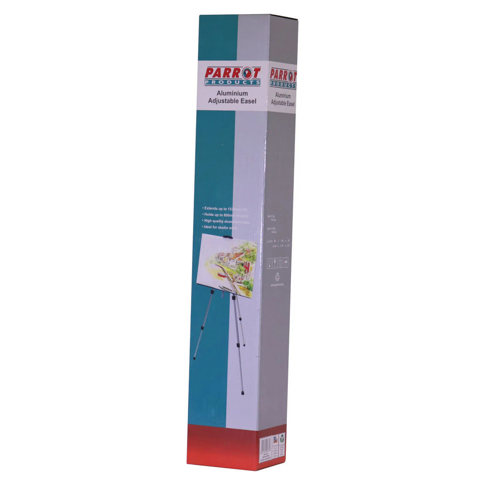 Adjustable Aluminium Easel BD9135, Tall Packaging Box with Brand Logo and Product Features for an Artist's Stand.
