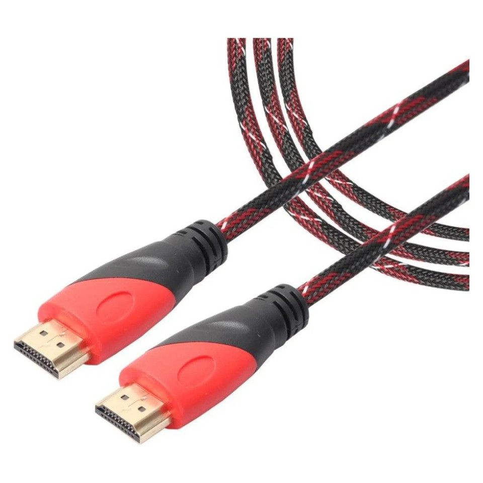 Cable - HDMI 4K 60 Hz - 10M CL1010-4K, Close-Up of a 10-metre HDMI Cable with Red and Black Braided Exterior and Gold-Plated Connectors.