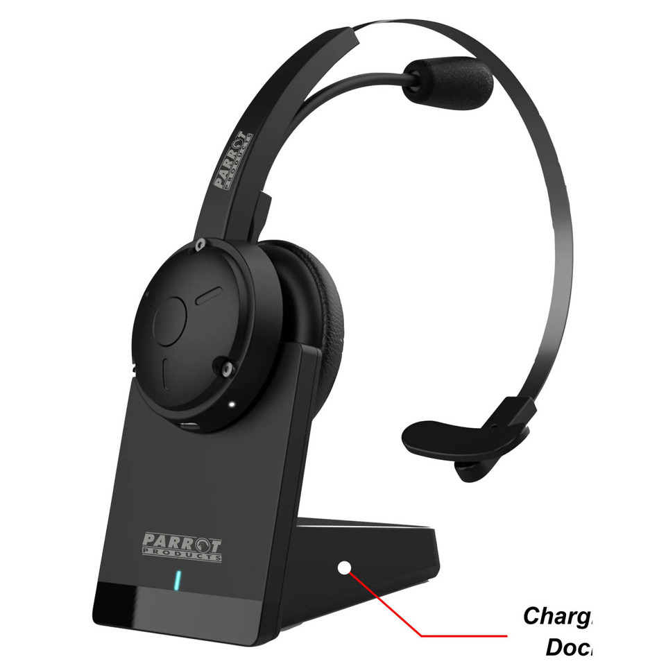 Wireless Call Centre Headset Mono CT4002, Black Headset with Microphone Resting on a Charging Stand with a Labeled Charging Dock.