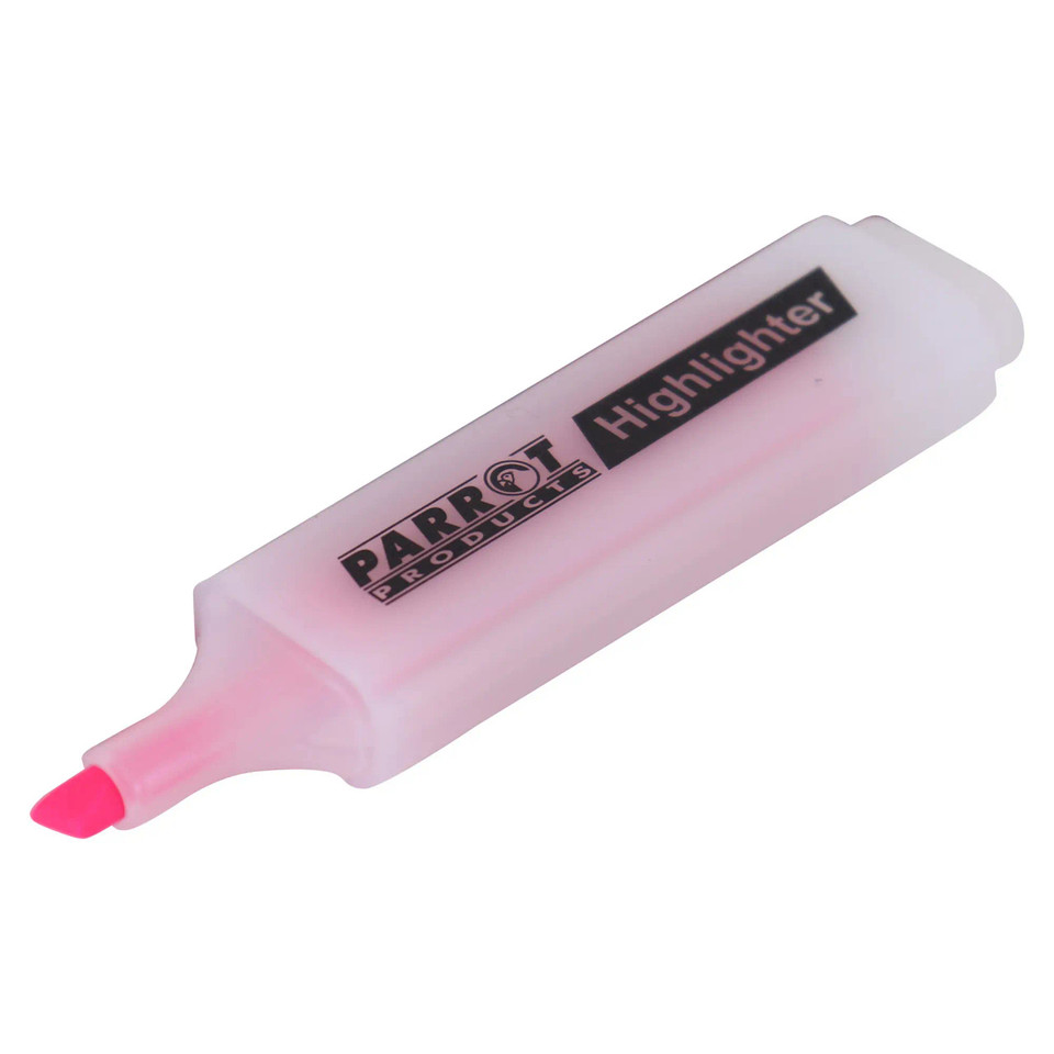 Highlighter Marker Box (10 Markers - Pink), Pink Highlighter Marker in a Transparent Pink Plastic Case.