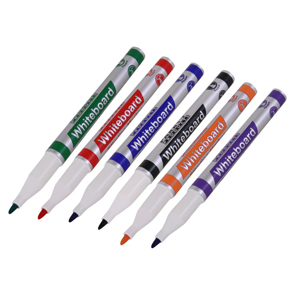 Whiteboard Markers (6 Markers - Slimline Tip - Pouch), Set of Six Colourful Whiteboard Markers with Slimline Tips in Green, Red, Blue, Black, Orange, and Purple, Stored in a Pouch.