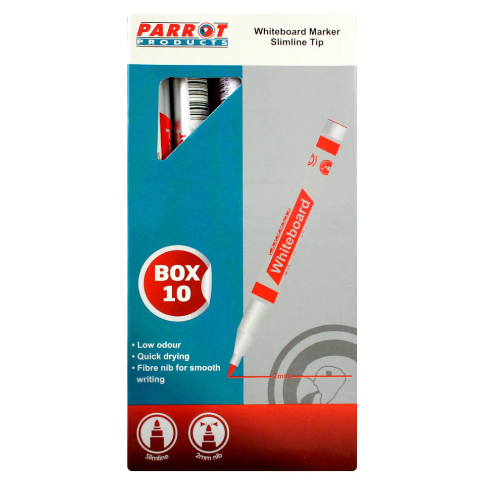 Whiteboard Markers (10 Markers - Slimline Tip - Red) PW2001R, Packaging Box Showing Red Markers Inside and Product Features Listed on the Front.