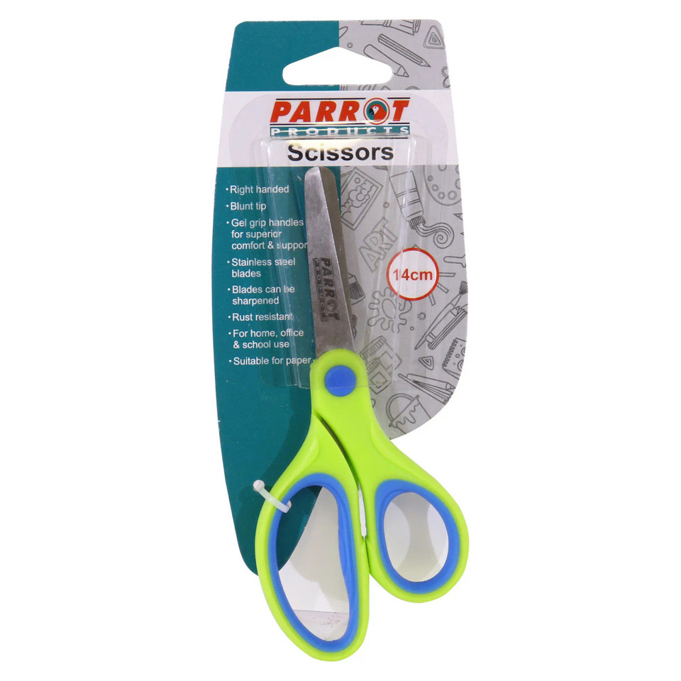 Parrot Scissors 14 cm - Lime, Ergonomic Children's Scissors with Lime Green and Blue Handles and Stainless Steel Blades.