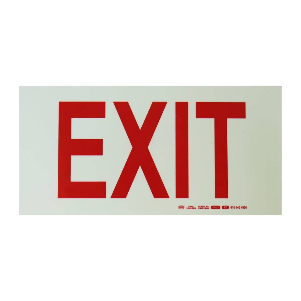 67 Brand Photoluminescent 190 mm Safety Sign, E6-Exit, Glow in the Dark Sign, with Bold Red Exit Text on a White Background, SABS Approved, Providing Essential Wayfinding Information for Emergency Procedures.