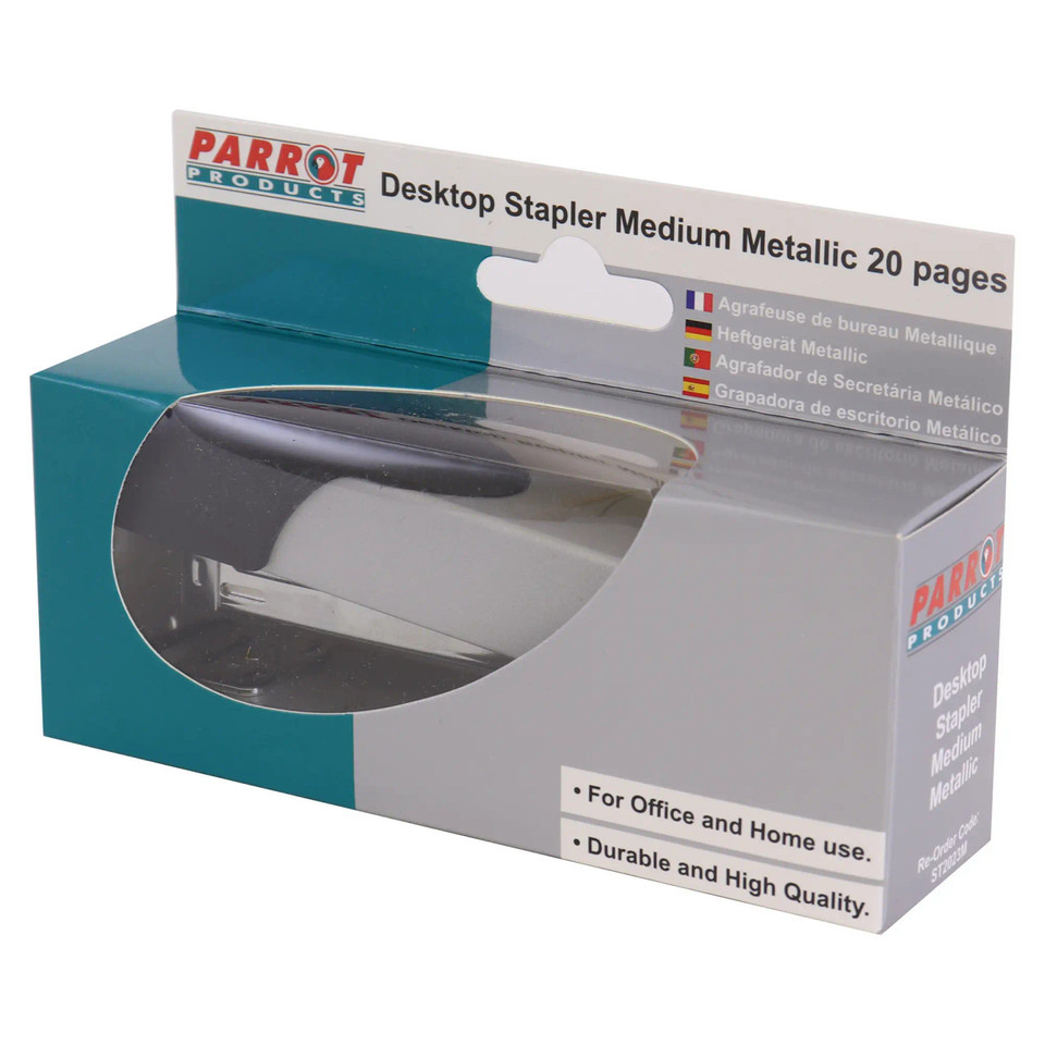 Silver Desktop Steel Stapler in Packaging, Parrot Brand, Medium Size, 20 Pages Stapling Capacity, Loads 105 Standard Staples, Suitable for Home Office Supplies, Durable and High-Quality.