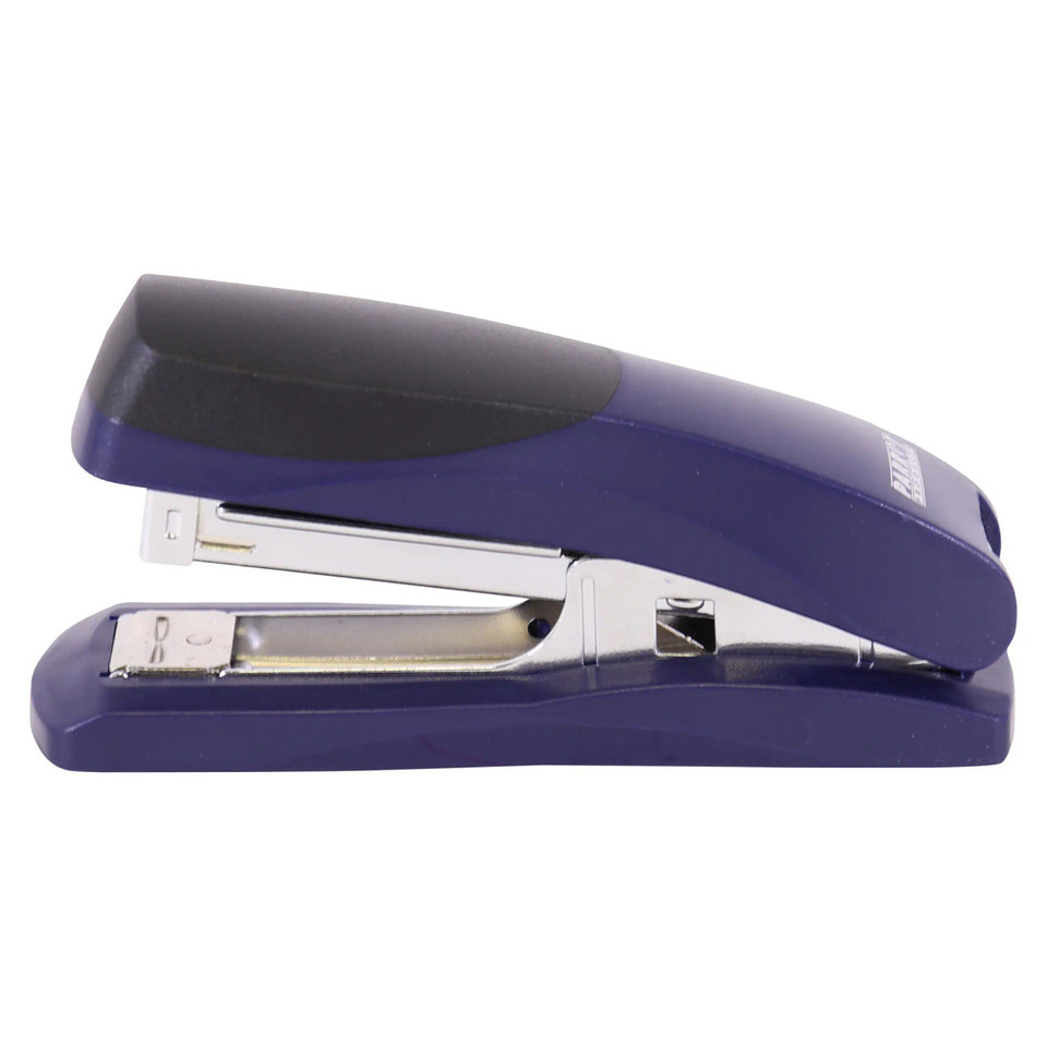 Navy Blue Stapler, 67 Brand, Medium Size, Loads 105 Staples, Staples 20 Pages, Durable and High-Quality for Office and Home Use, Also Functions as a Tacker, Featuring a Sleek Design with a Metallic Staple Mechanism.