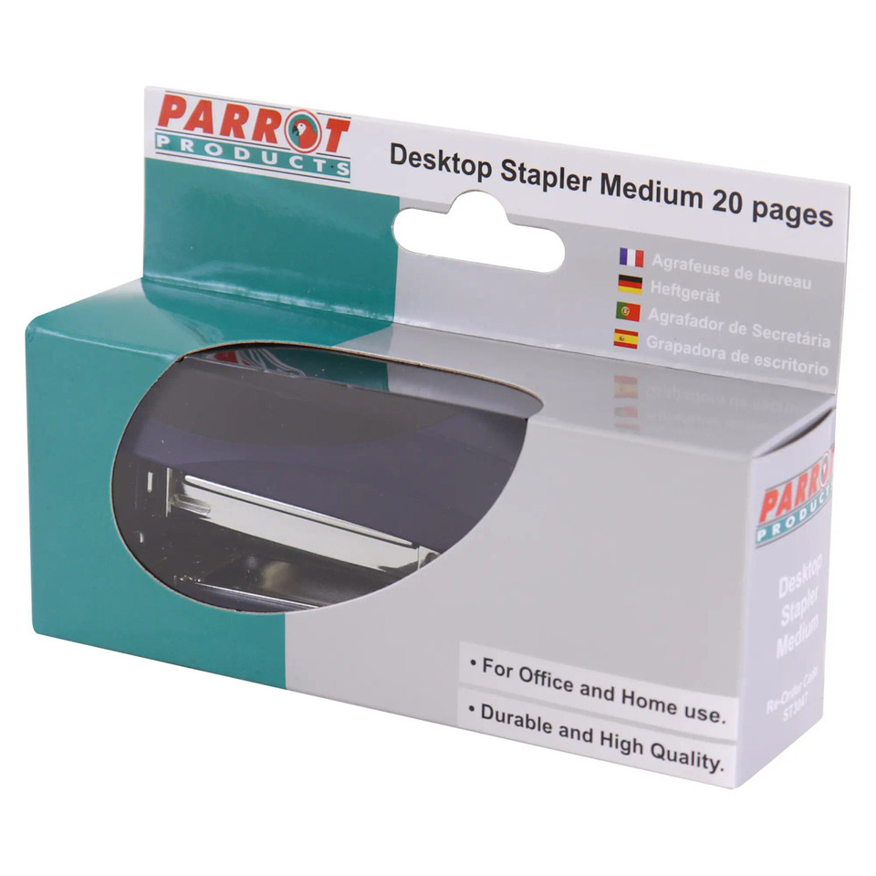 Navy Blue 20 Page Stapler, Parrot Brand, in Packaging, Loads 105 Standard Staples, Durable and High-Quality for Office and Home Use, Medium Desktop Stapler with Sleek Design, Perfect for Stapling 20 Pages.