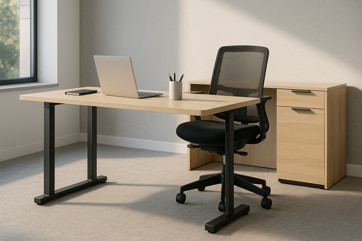 Modern office desk, ergonomic chair and pedestal in light oak finish