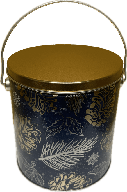 1 Gallon holiday tin with leaves of gourmet popcorn at Great Lakes Popcorn Co.