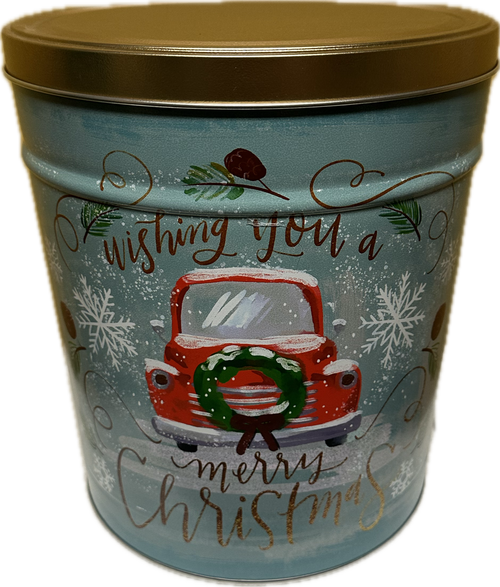 3.5 Gallon Holiday Tin with Wreath on Car Design of Gourmet Popcorn from Great Lakes Popcorn Co.