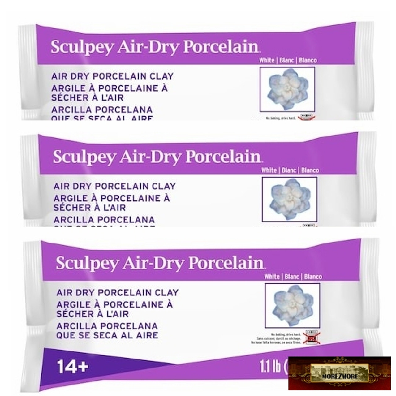 M02466x3 MOREZMORE 3 lb Sculpey Air-Dry Porcelain Clay 3.3 lb 1500 g  Polyform