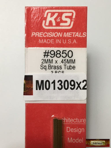 M01309x2 MOREZMORE 2 Brass Square Tube #9850 Metric 2mm x 300mm K&S Tubing