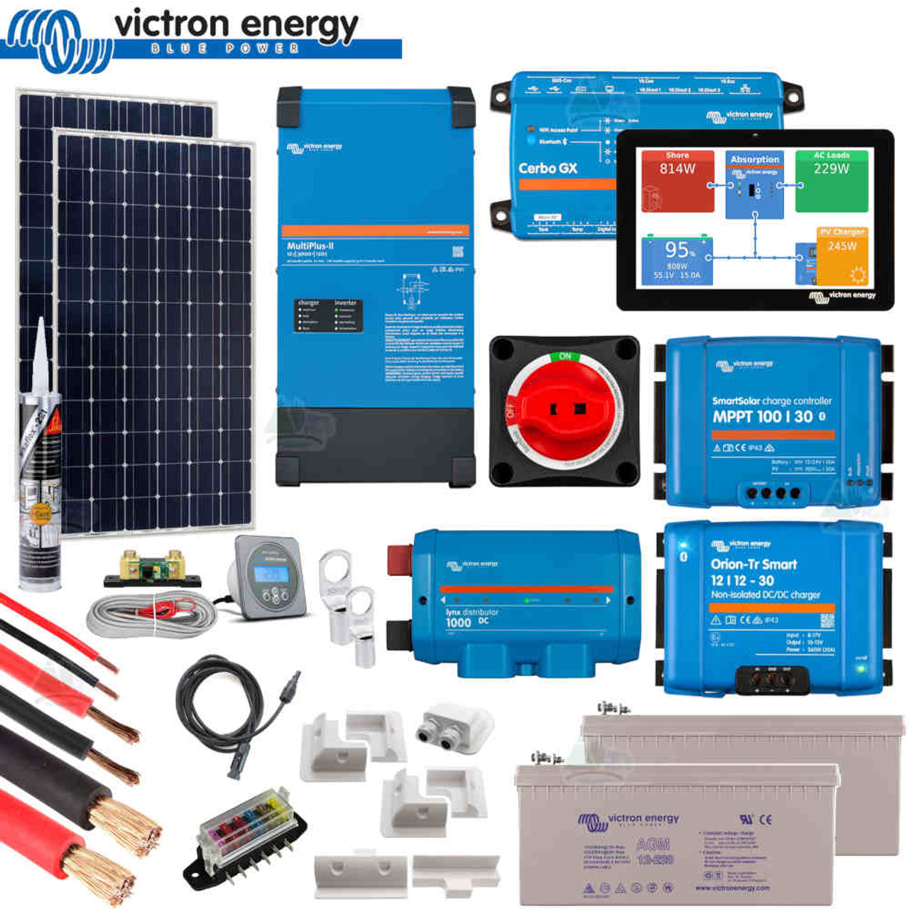 Victron 350 Watt Solar Panel Kit with MPPT Controller, Multiplus II, Cerbo  GX and Fittings For Caravan Motorhome Marine use