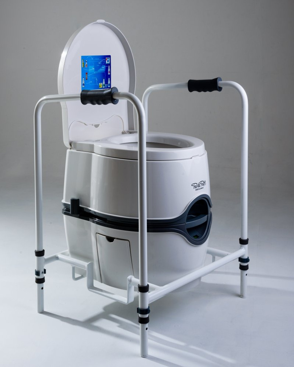 Toilet Porta Potti Aid with Folding Frame for improved support to elderly or restricted mobility. Toilet Porta Potti Aid with Folding Frame for improved support to elderly or restricted mobility.