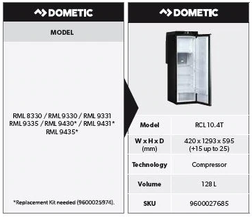 The Dometic RCD 10.4T is a suitable replacement for a wide range of Dometic & Thetford camper fridges