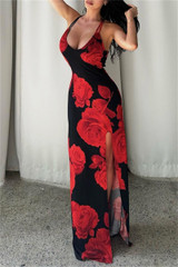 Red Sexy Casual Print Backless Slit Spaghetti Strap Long Dresses