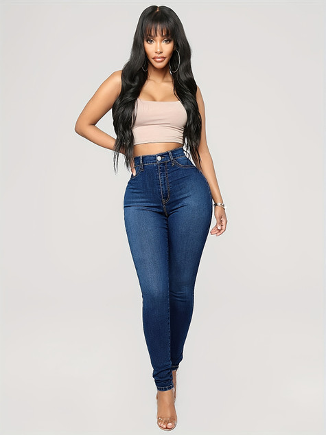 Plain High Waist Skinny Jeans, High Rise Slim Fit Slash Pockets Casual Denim Pants, Women's Denim Jeans & Clothing