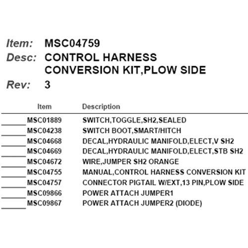 Control Harness, Conversion Kit, Plow Side, Boss MSC04759