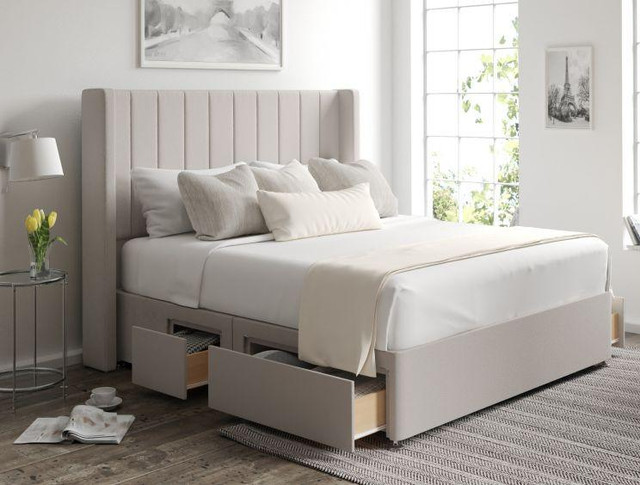 Penelope Panel Wingback Divan bed with Floor Standing Headboard & Mattress Options - Cuddly Beds Penelope Panel Wingback Divan bed with Floor Standing Headboard & Mattress Options - Cuddly Beds