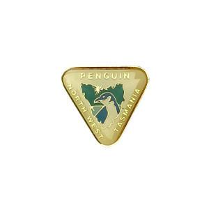 Triangle souvenir pin featuring a penguin and map of Tasmania
