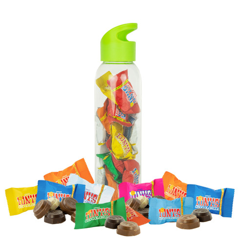 Handige waterfles gevuld met Tiny Tony's Chocolonely - Paasattentie