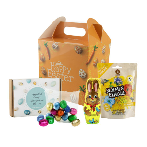 Uniek Paas handgreepdoosje gevuld met o.a. Holle chocolade-haas en bijenbloemen - Paasgeschenk