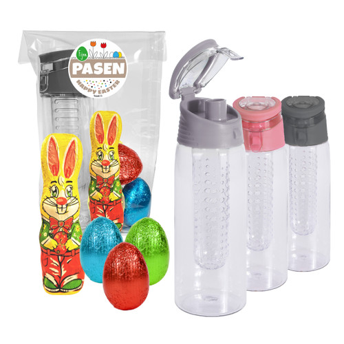 Handige drinkfles met infuser met  holle Paaseieren en holle Paashaas - Paasgeschenk