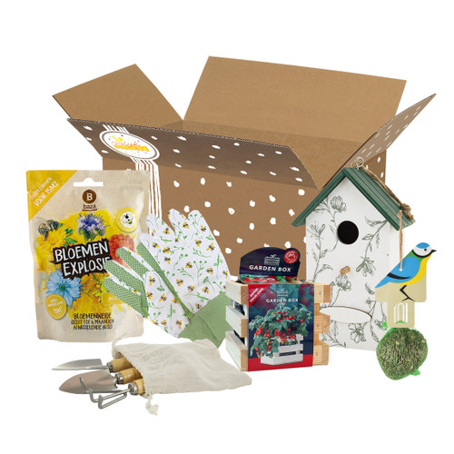 Leuk bedrukte doos gevuld met o.a. bloemenweide mix en vogelhuisje