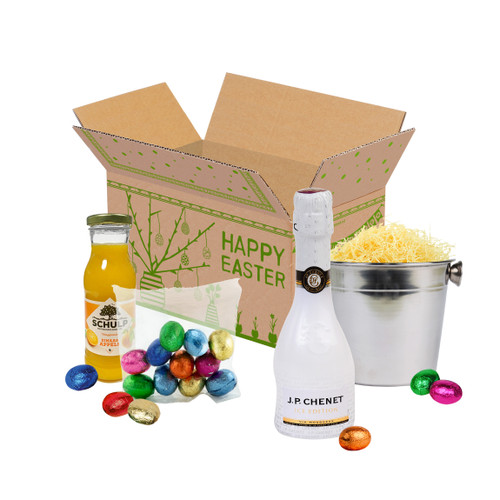Leuk natuur Paasdoosje gevuld met o.a. flesje witte mouserende wijn - Paaspakket