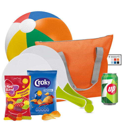 Strandtas met o.a. beach ball set en winegums - Zomercadeau