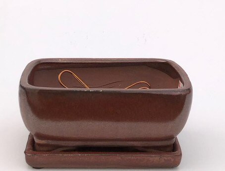 Aztec Orange Ceramic Bonsai Pot Professional Series Rectangle - With Attached Humidity/Drip Tray  8.25" x 6.5" x 4" 