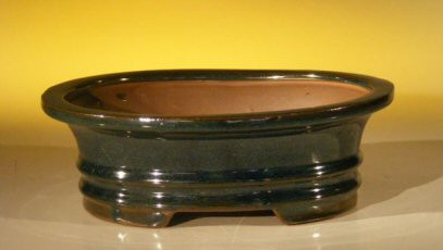 Dark Green Ceramic Bonsai Pot - Oval  8 1/8" x 6.75" x 2.75" 