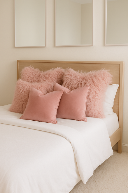 Mongolian Sheepskin  Cushion 40x40  shown on  Bed