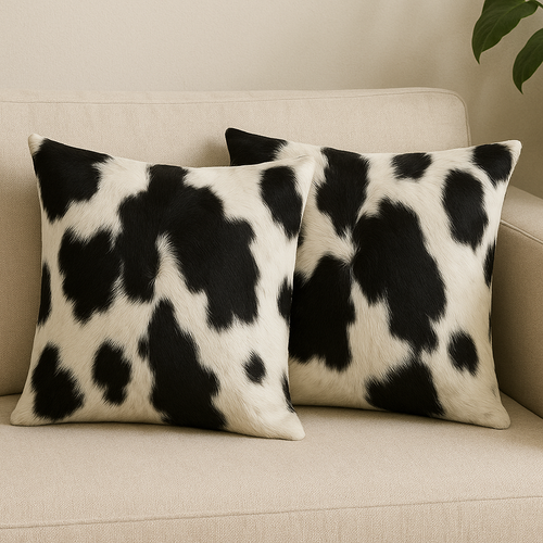 SPECIAL PAIR BLACK & WHITE COWHIDE CUSHION COVERS VARIOUS SIZES SPECIAL PAIR BLACK & WHITE COWHIDE CUSHION COVERS VARIOUS SIZES