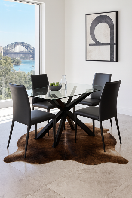 Cappacino Cowhide shown  under  dining  table  with  view of  Sydney Bridge through  window