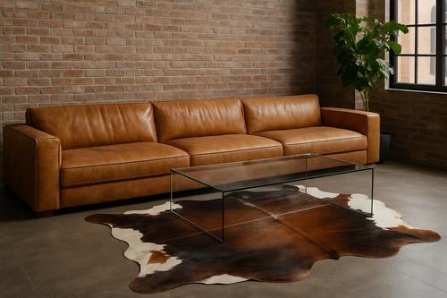 Tropical  Cowhide  Shin  front  of  a  modern  leather lounge with a  glass  coffee  table  and  a  view  out of  a  window