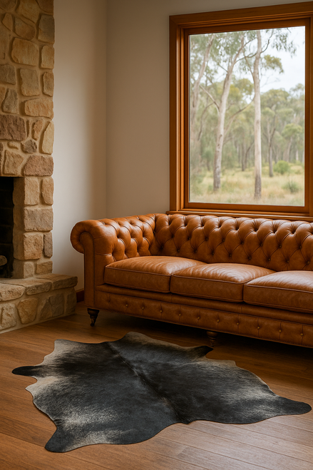 Grey spotted cowhide rug with soft contrast and natural pattern shown with  Chesterfield  Sofa