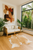 Caramel &White cowhide  rug  in modern  room  setting
