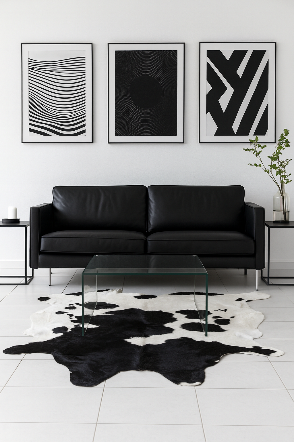 Cowhide Rug Shown in a Modern  Lounge  setting