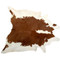 Brown and white cowhide rug with warm tones and natural markings