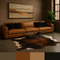 Tropical  Cowhide  Rug,mahogany tones  shown  in  front  of  leather  lounge  with glass  table