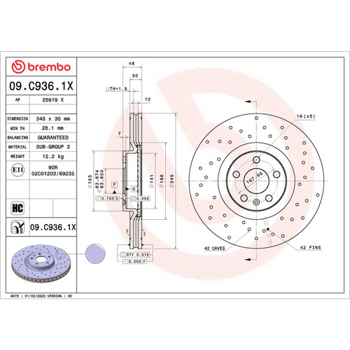 Brembo 16-24 Volvo XC90 / 18-24 XC60 Front Premium Xtra Cross Drilled UV Coated Rotor - 09.C936.1X User 1